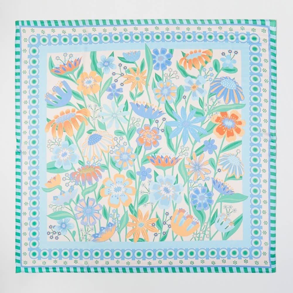 Blue Flower Print Square Bandana Scarf