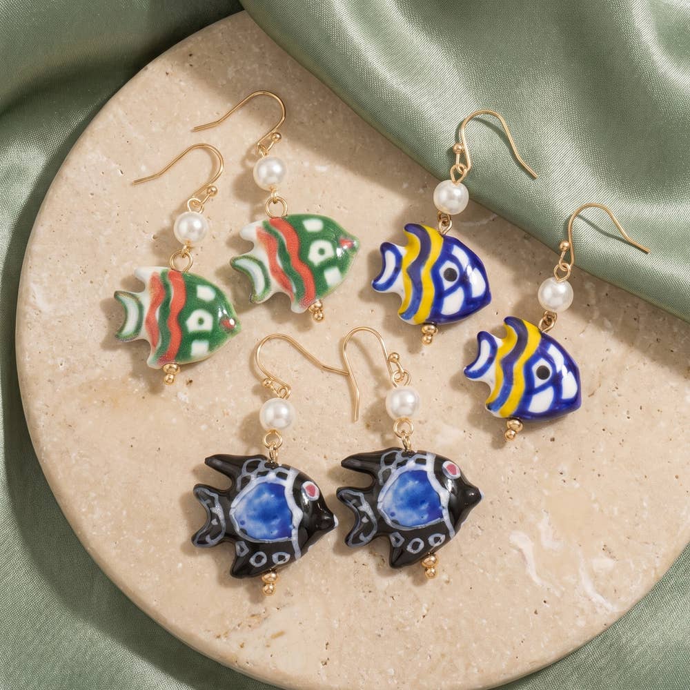 Painted Ceramic Fish And Pearl Drop Earrings: GDGRN