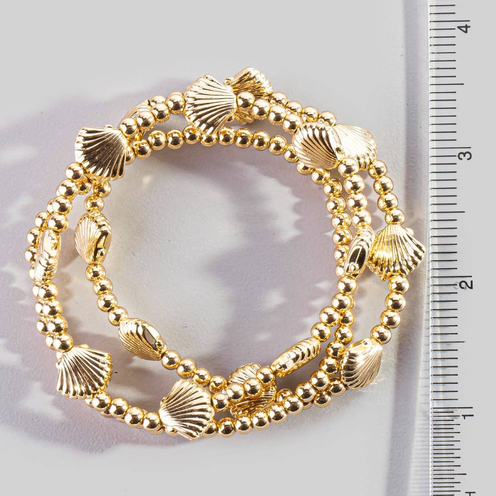 Metallic Sea Shell Station Beaded Bracelet Set: SIL