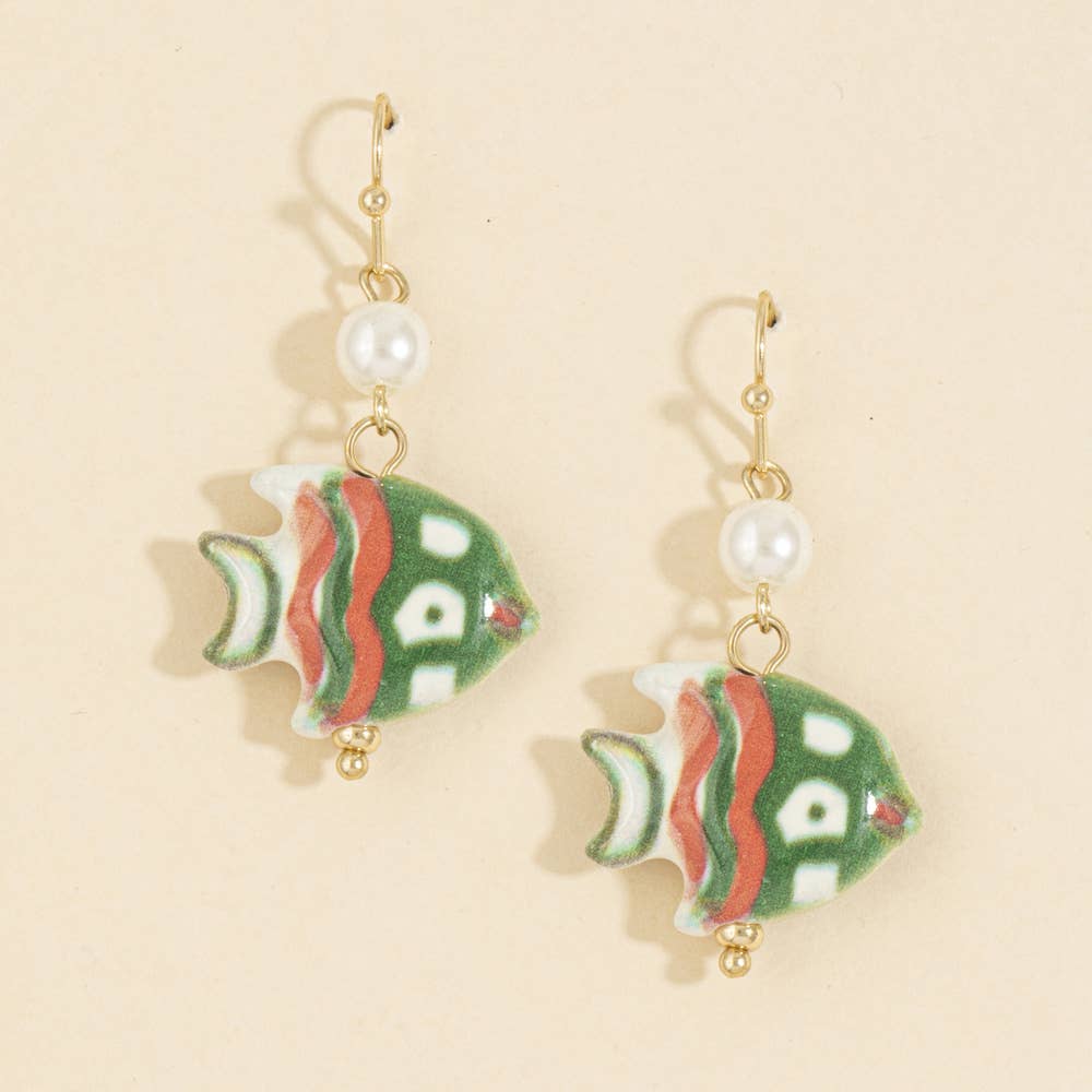 Painted Ceramic Fish And Pearl Drop Earrings: GDGRN