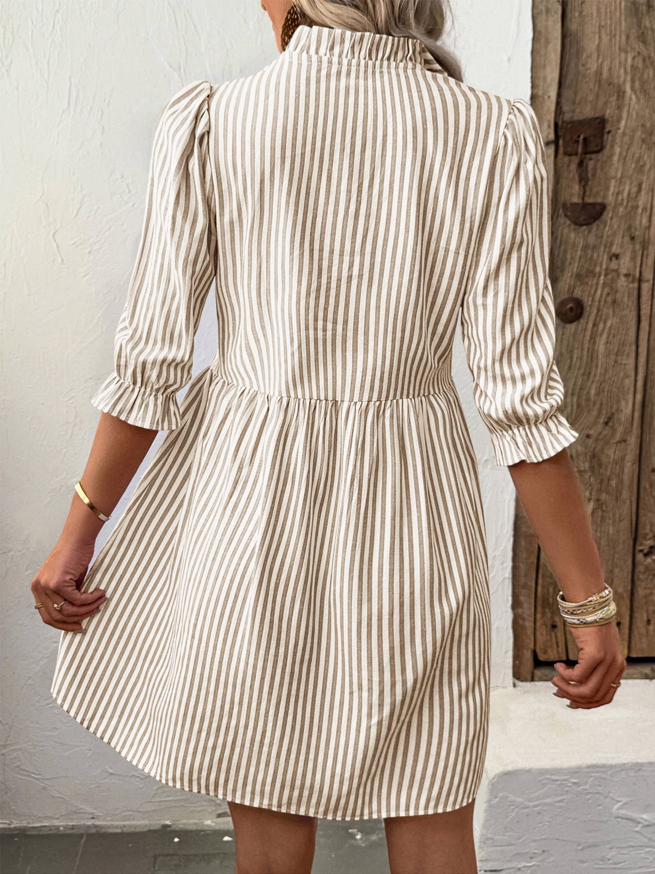 Puff-Sleeve Striped Dress: Khaki / S