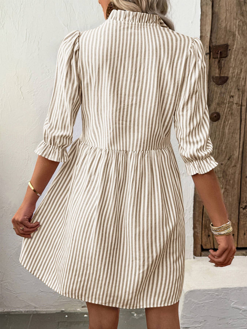 Puff-Sleeve Striped Dress: Blue / XL