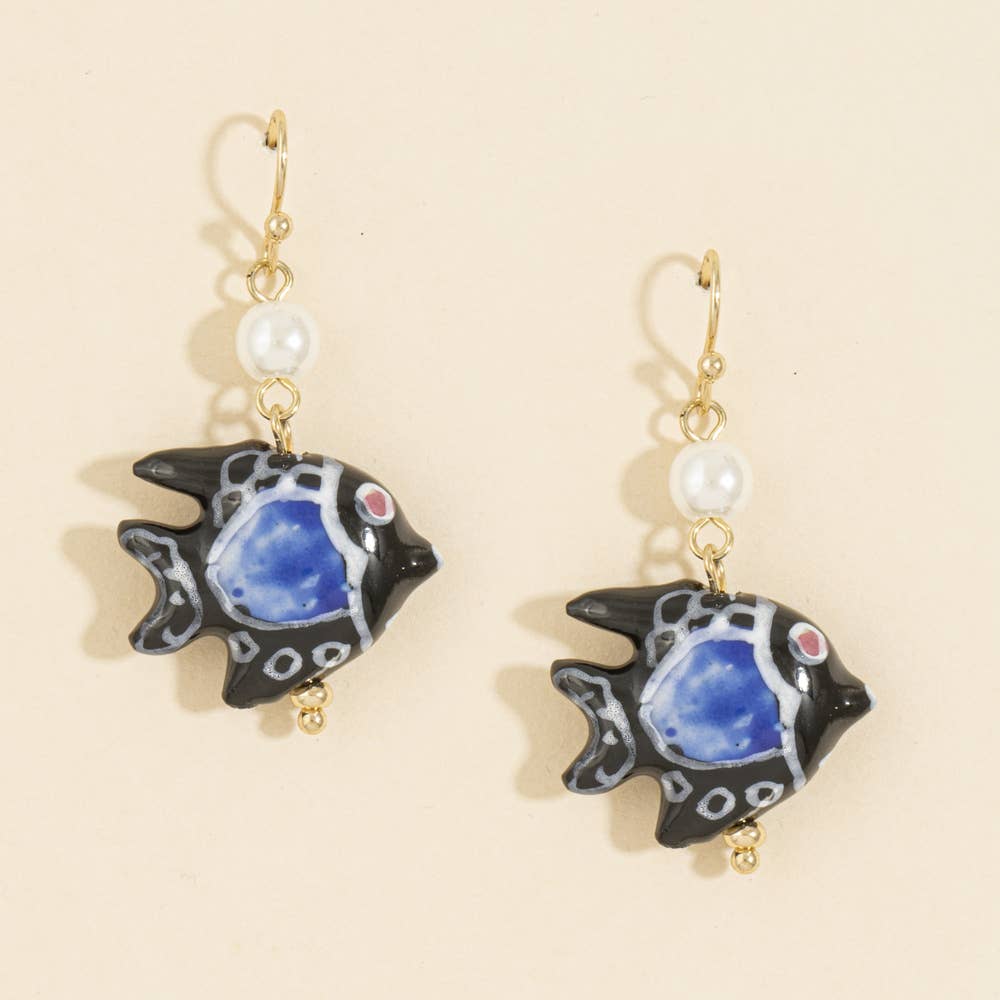Painted Ceramic Fish And Pearl Drop Earrings: GDGRN