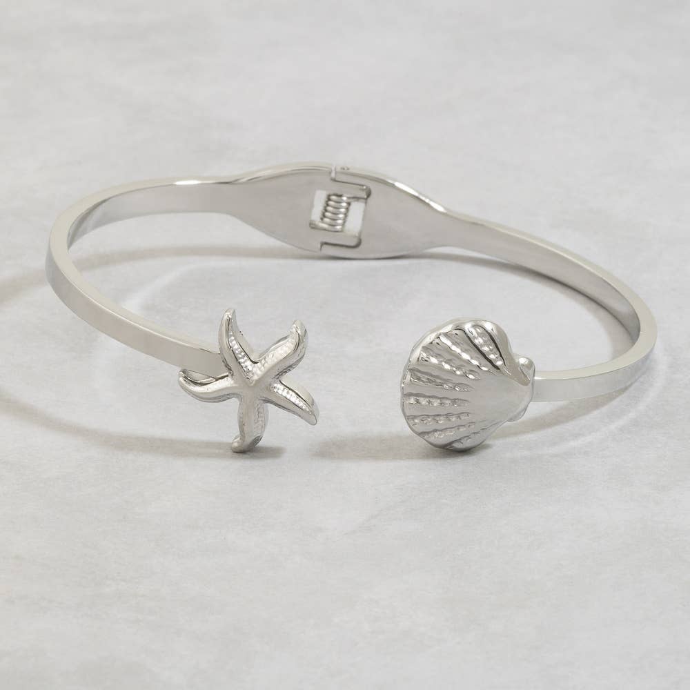 Stainless Steel Starfish And Shell Cuff Bracelet