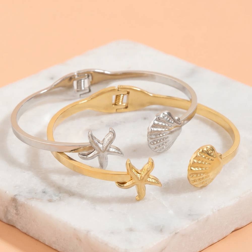 Stainless Steel Starfish And Shell Cuff Bracelet