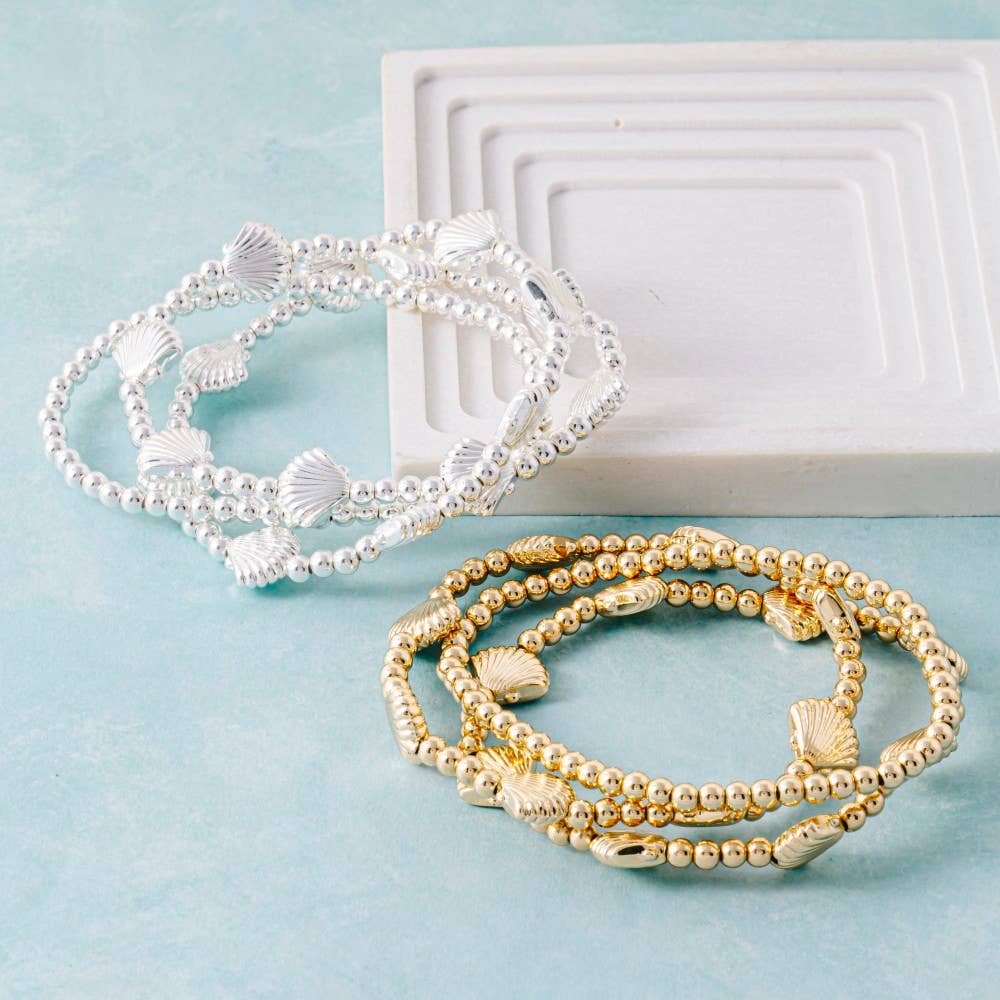 Metallic Sea Shell Station Beaded Bracelet Set: SIL