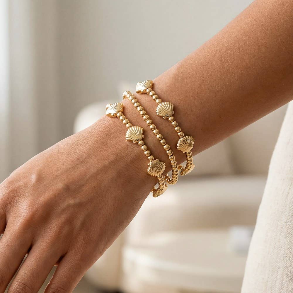 Metallic Sea Shell Station Beaded Bracelet Set: SIL