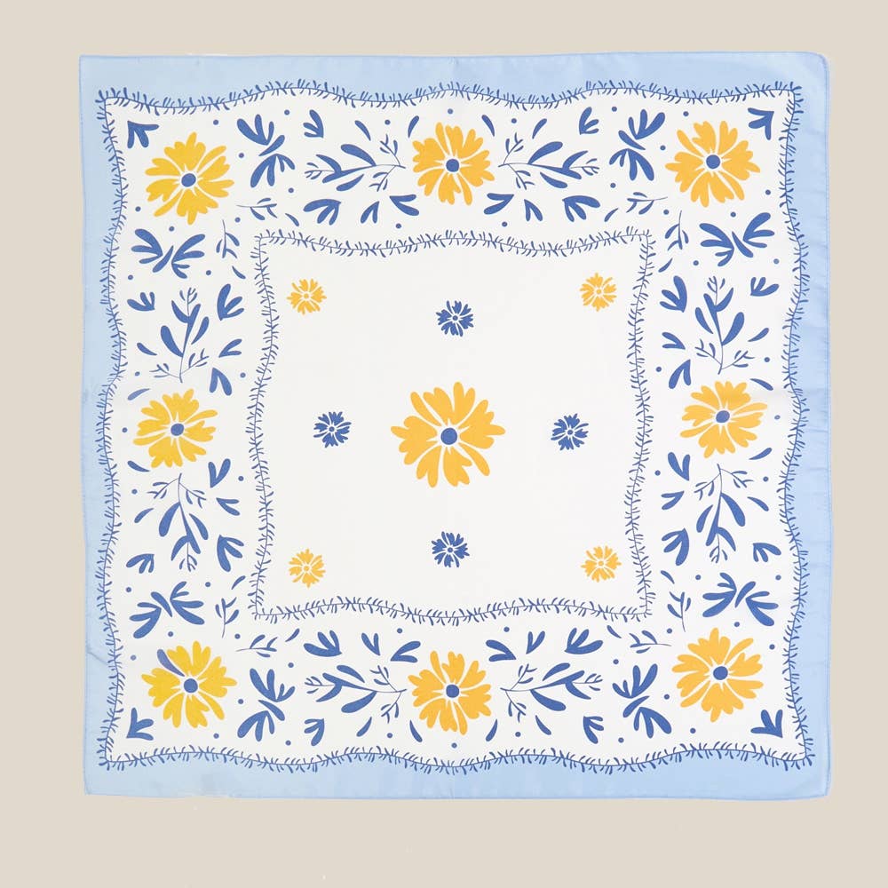 Blue and Yellow Flower Pattern Bandana Scarf
