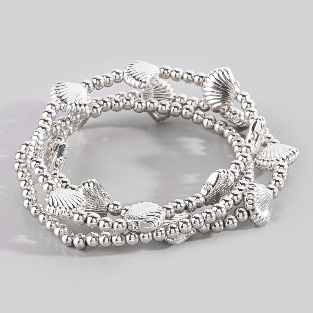 Metallic Sea Shell Station Beaded Bracelet Set: SIL