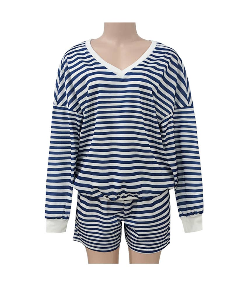 Striped V-Neck Oversized Sweatshirt Shorts Set: Blue / L