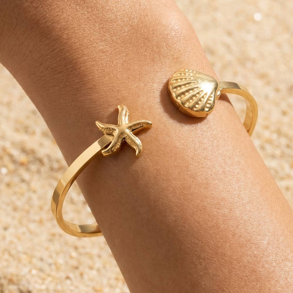 Stainless Steel Starfish And Shell Cuff Bracelet