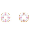 Life Buoy Stud Earrings   Pink/White/Gold   .75"