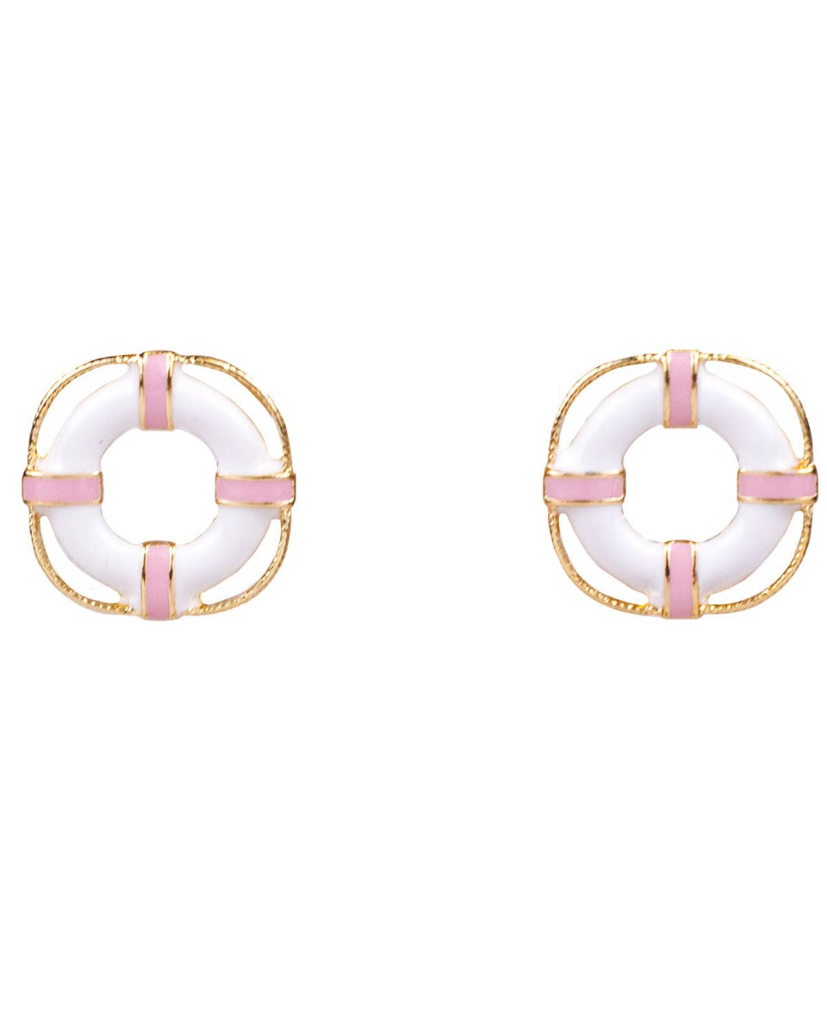 Life Buoy Stud Earrings   Pink/White/Gold   .75"
