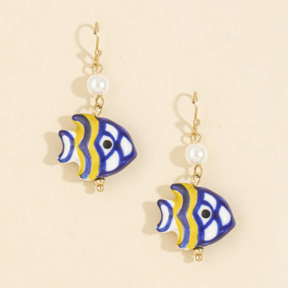 Painted Ceramic Fish And Pearl Drop Earrings: GDGRN