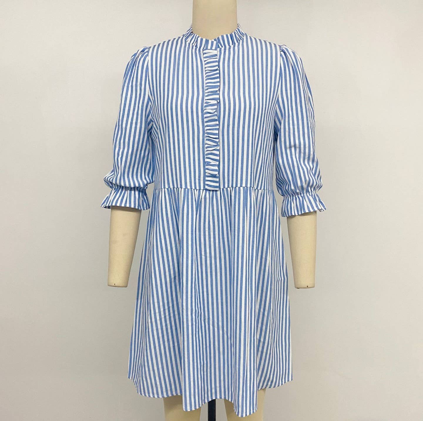 Puff-Sleeve Striped Dress: Blue / XL