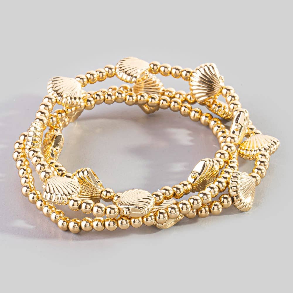 Metallic Sea Shell Station Beaded Bracelet Set: SIL