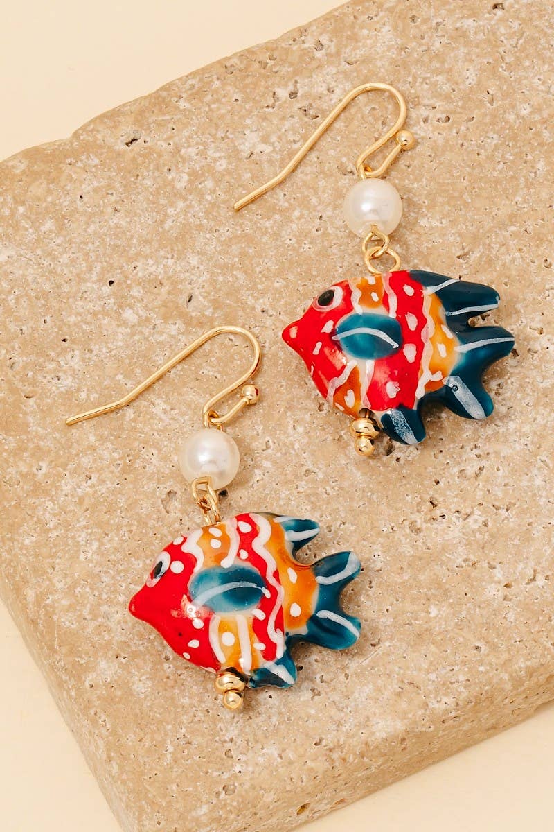 Painted Ceramic Fish And Pearl Drop Earrings: GDGRN