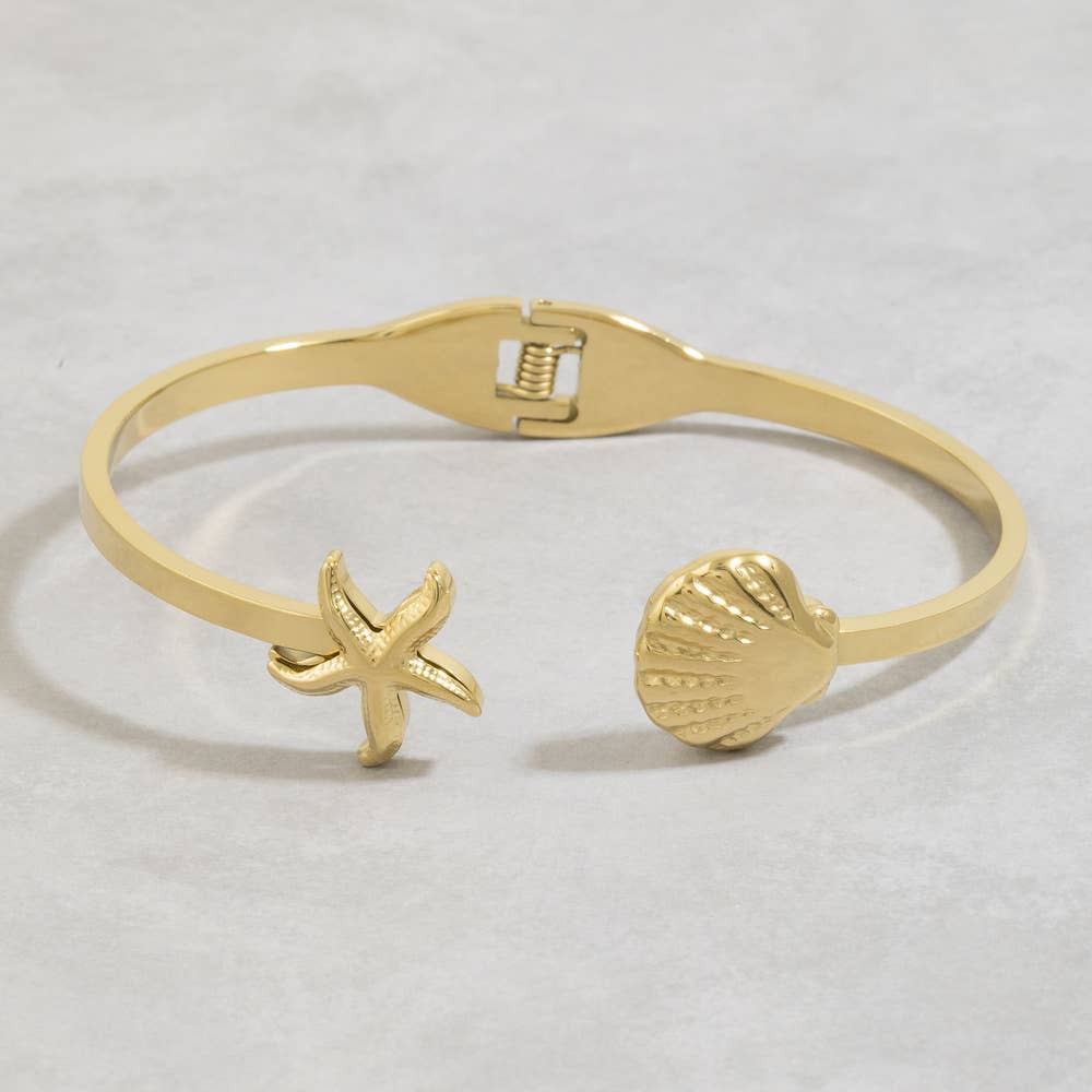 Stainless Steel Starfish And Shell Cuff Bracelet