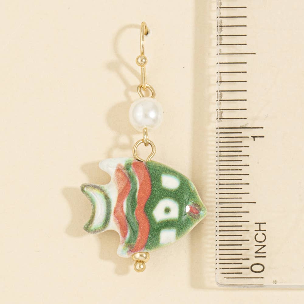 Painted Ceramic Fish And Pearl Drop Earrings: GDGRN