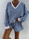 Striped V-Neck Oversized Sweatshirt Shorts Set: Blue / L