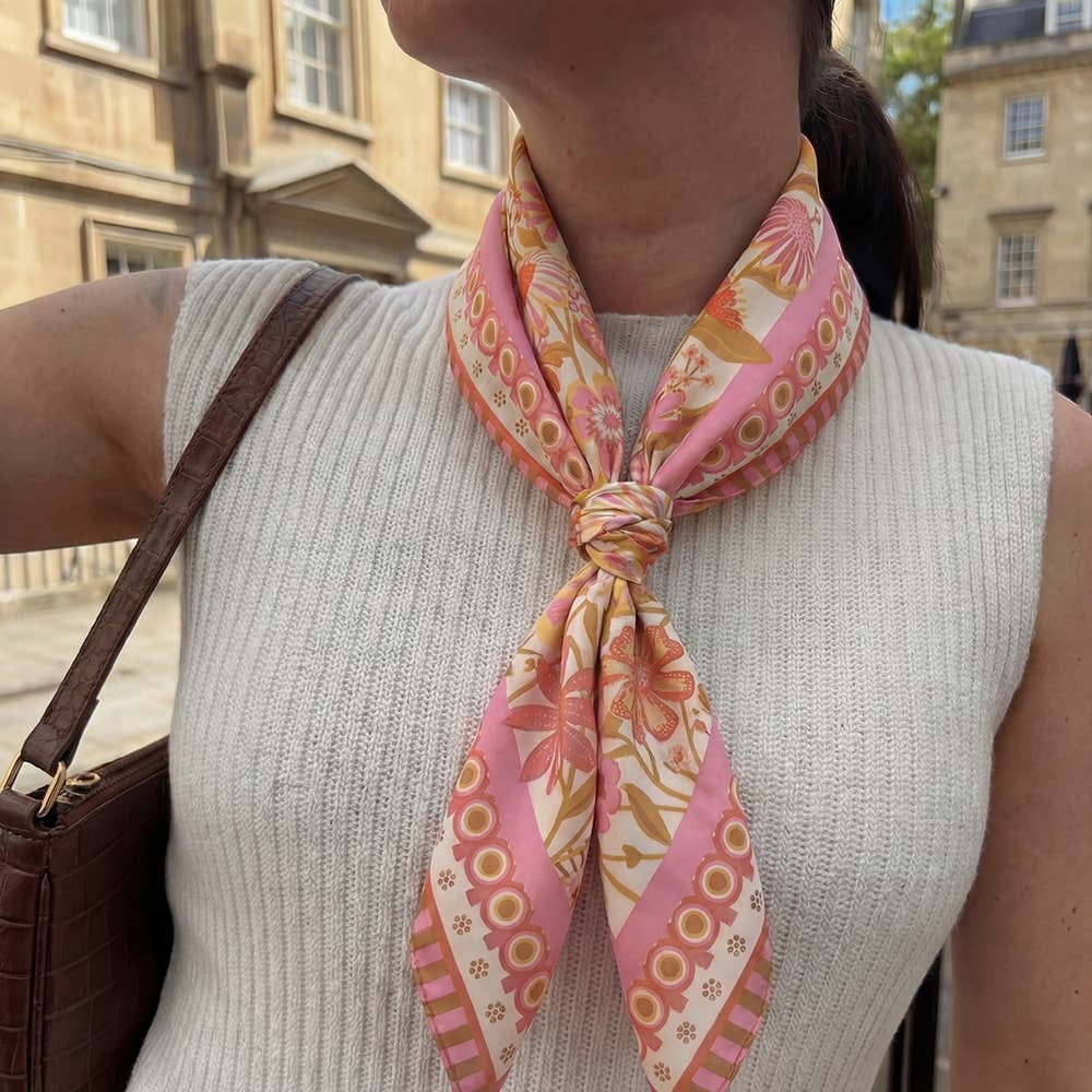 Pink Flower Print Square Bandana Scarf