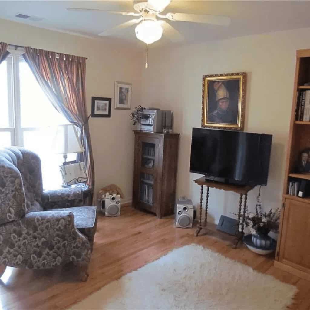 A living room with a tv and a fan.