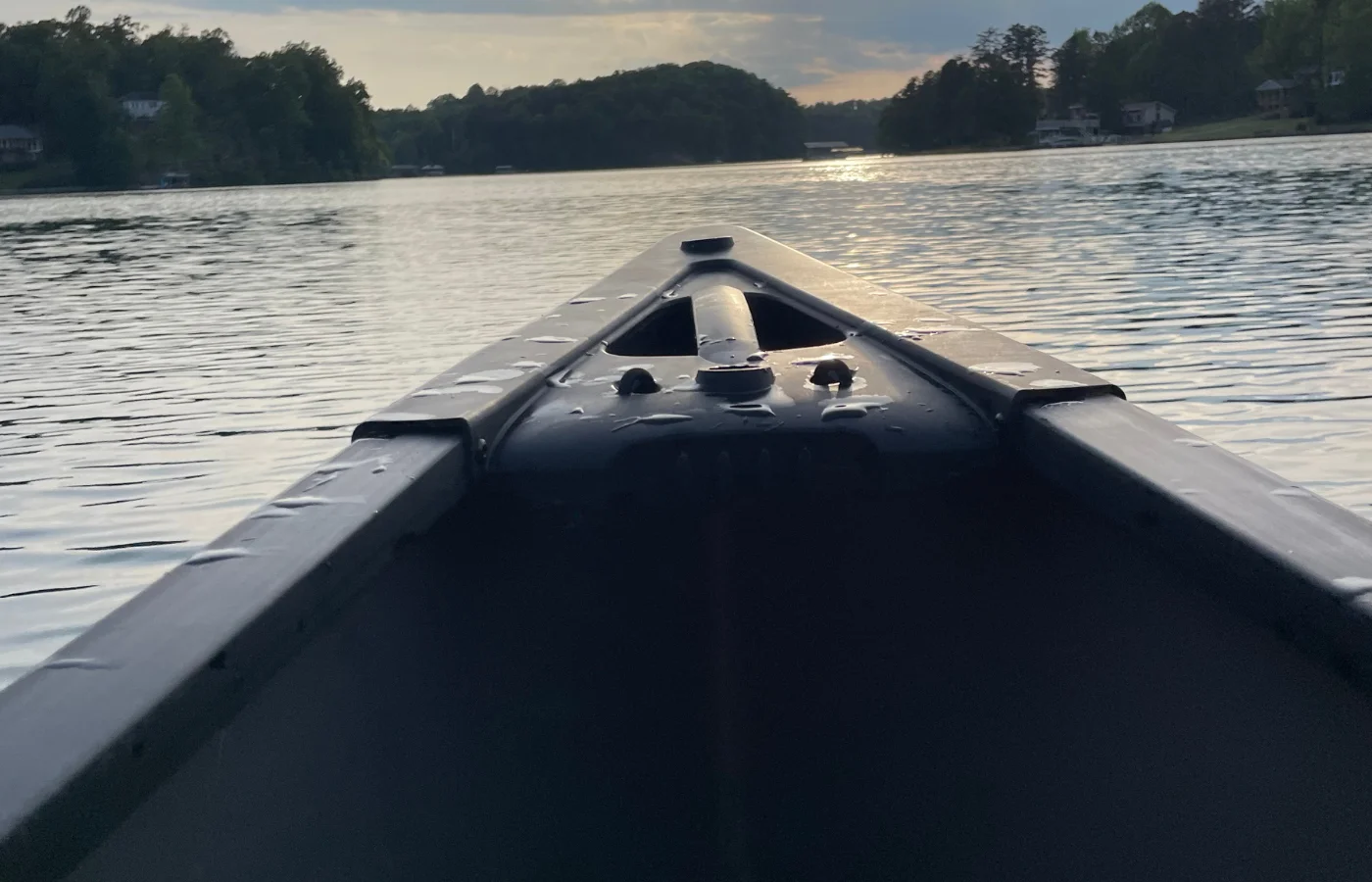 A view of a canoe on a body of water.